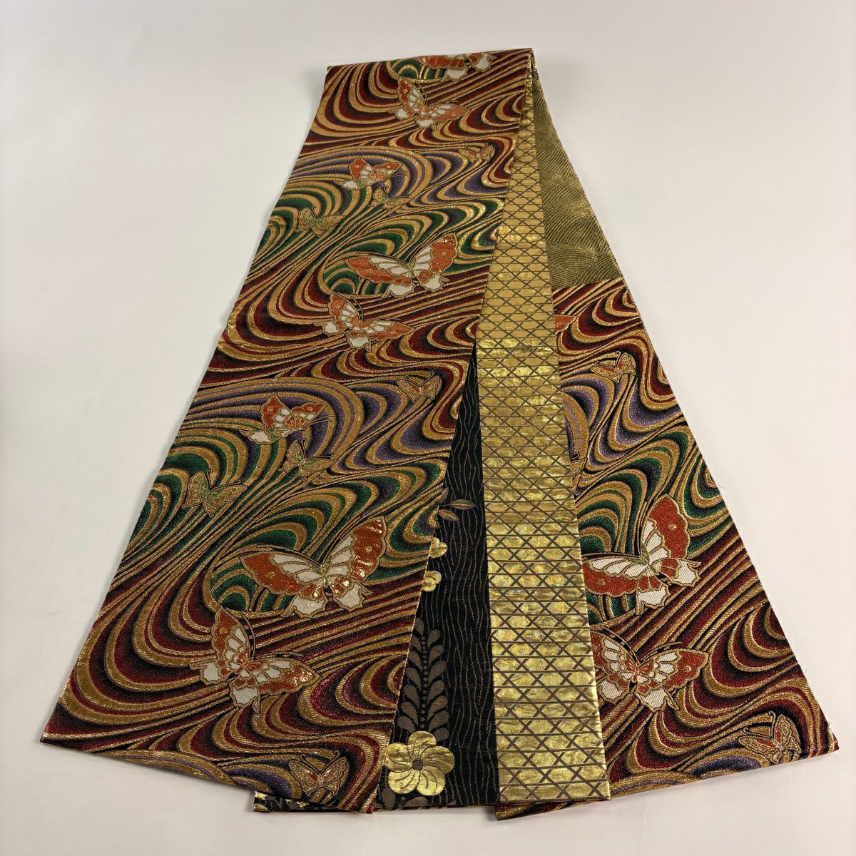 袋帶 秀品級 振袖禮服禮服用 蝶 流水 金金箔 金色 六通 純蠶絲