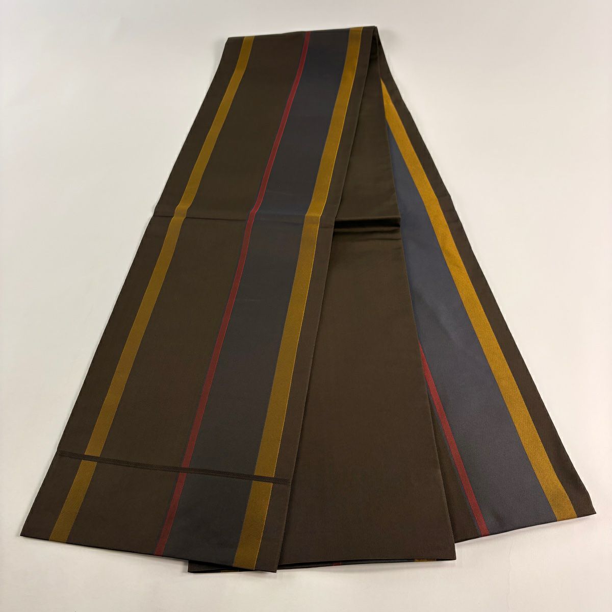 【美品】 袋帶 秀品級 條紋 焦茶 全通 純蠶絲