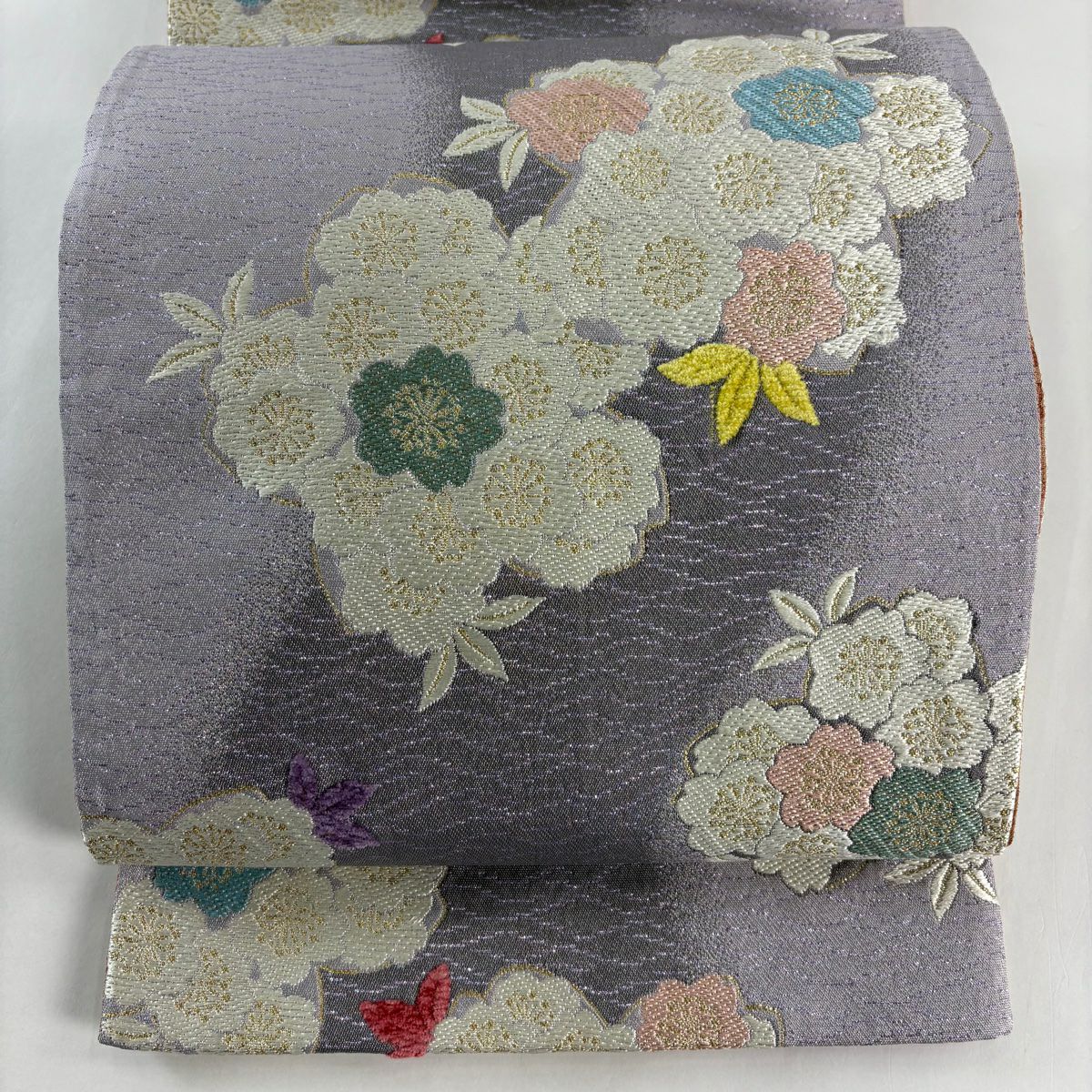 【美品】 袋帶 秀品級 振袖禮服禮服用 櫻花 金金箔 絨面風 淺紫 六通 純蠶絲