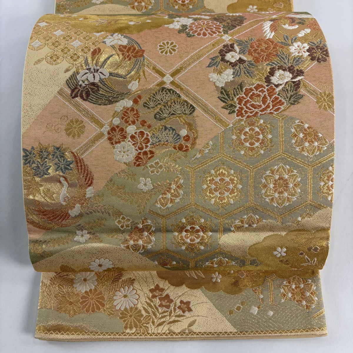 【美品】 袋帶 秀品級 關西仕立 離山花丸小袖紋 花鳥 金金箔 金線 金色 六通 純蠶絲