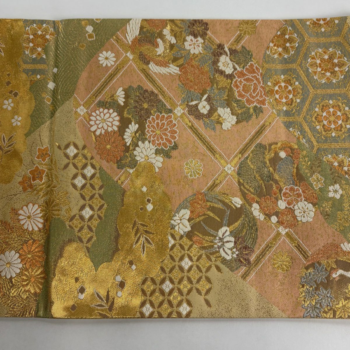 【美品】 袋帶 秀品級 關西仕立 離山花丸小袖紋 花鳥 金金箔 金線 金色 六通 純蠶絲