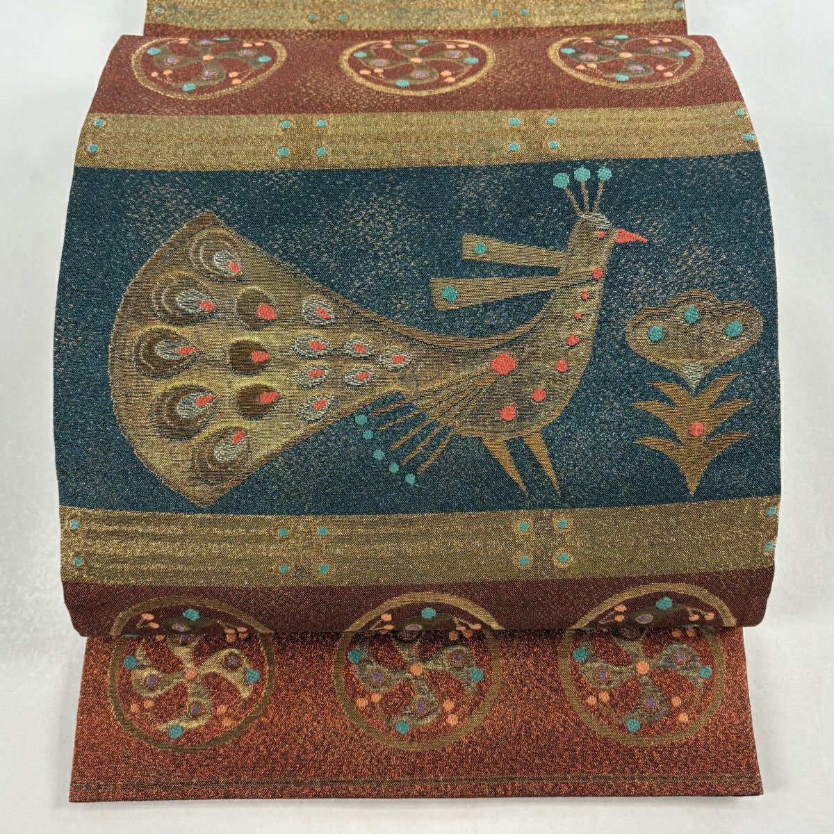 【美品】 袋帶 秀品級 關西仕立 雀鳥 草花紋紋 金銀彩 金金箔 紅茶 六通 純蠶絲