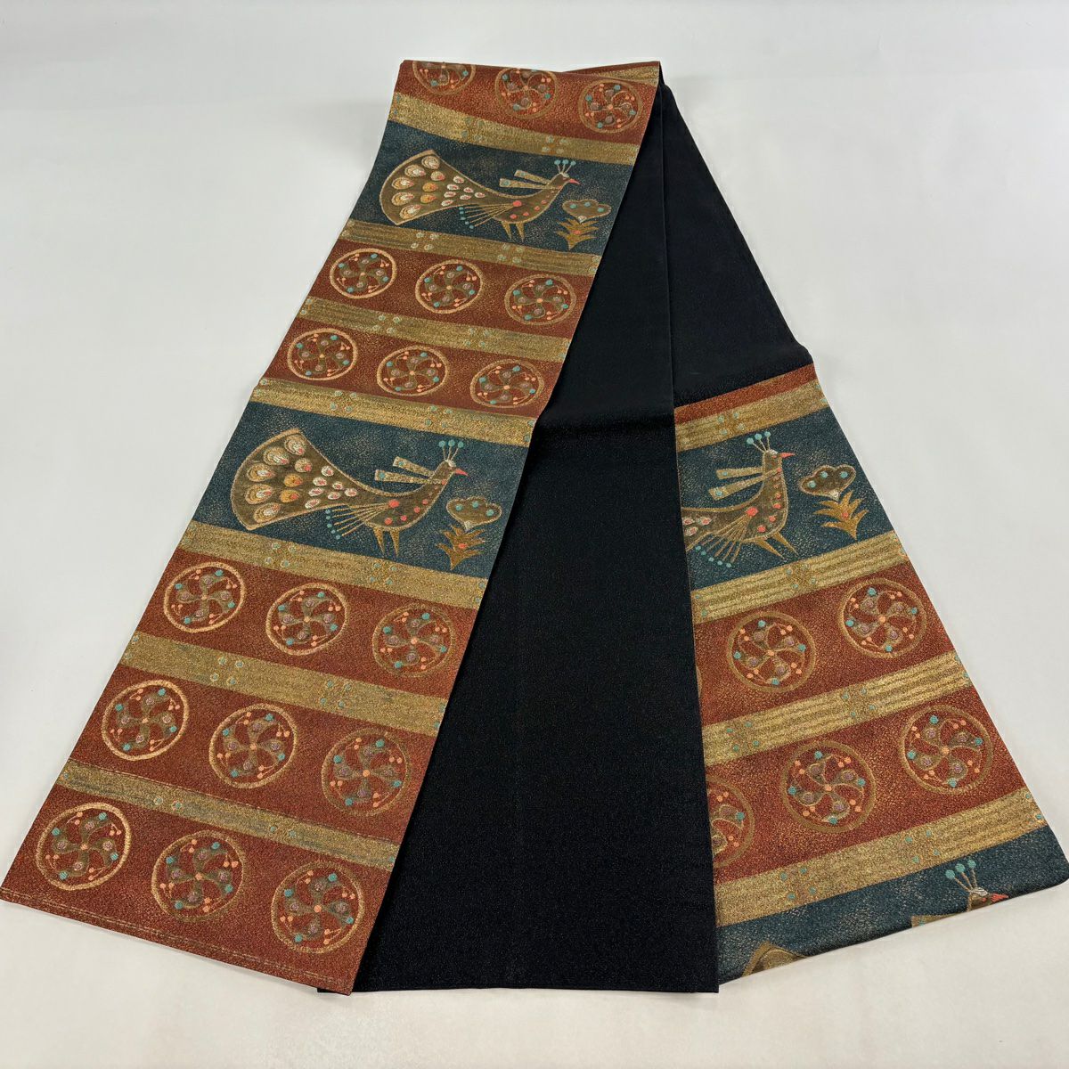【美品】 袋帶 秀品級 關西仕立 雀鳥 草花紋紋 金銀彩 金金箔 紅茶 六通 純蠶絲