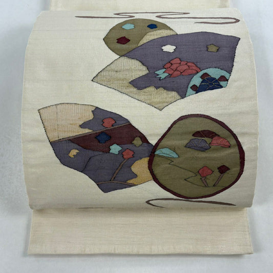 袋帶 秀品級 扇子面 草花紋 金絲 米色 大鼓圖案 純蠶絲