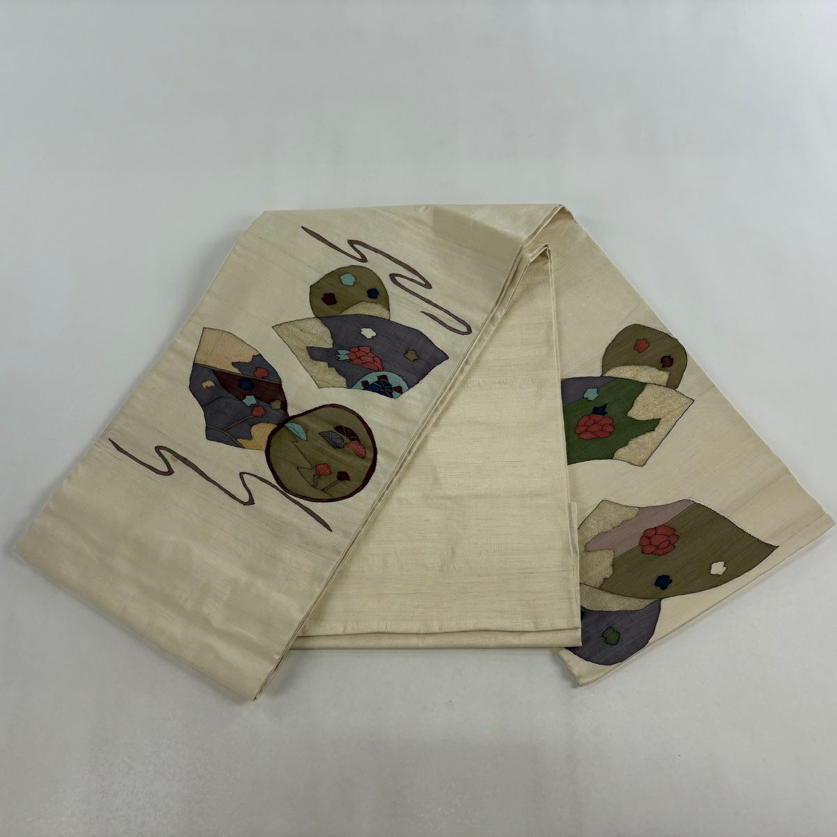 袋帶 秀品級 扇子面 草花紋 金絲 米色 大鼓圖案 純蠶絲