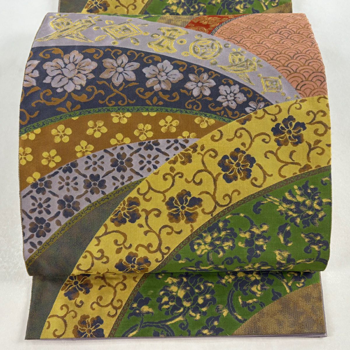 【美品】 袋帶 秀品級 落款あり 萬葉 花唐草紋 青海波 灰紫 全通 純蠶絲