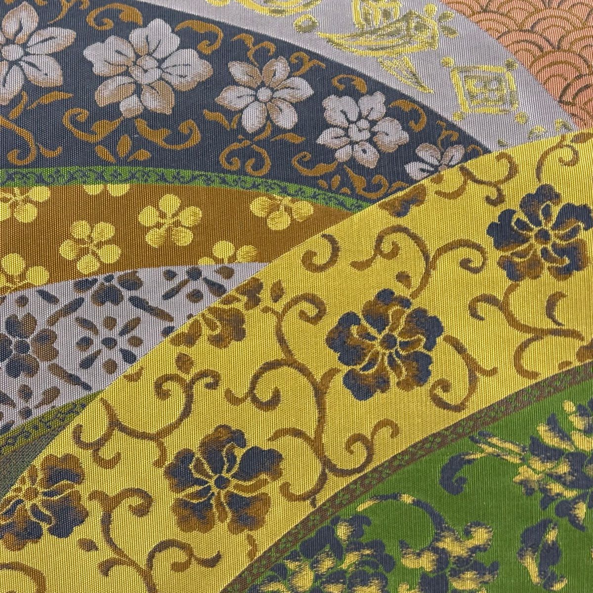 【美品】 袋帶 秀品級 落款あり 萬葉 花唐草紋 青海波 灰紫 全通 純蠶絲
