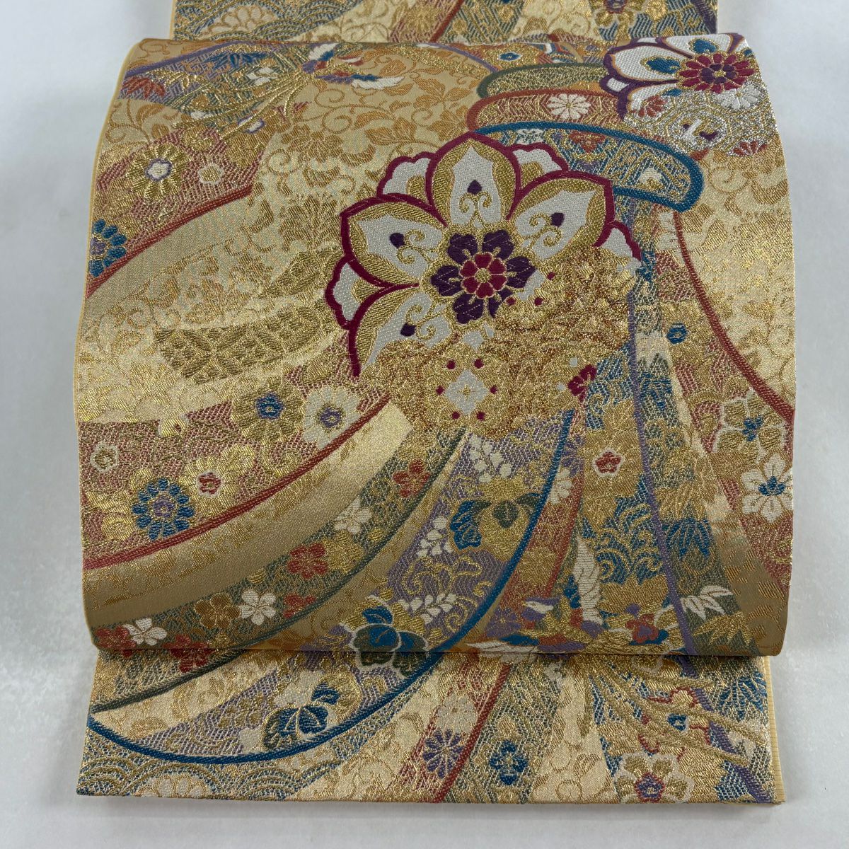 袋帶 秀品級 束熨斗紋 花鳥 金絲 金金箔 金色 六通 純蠶絲