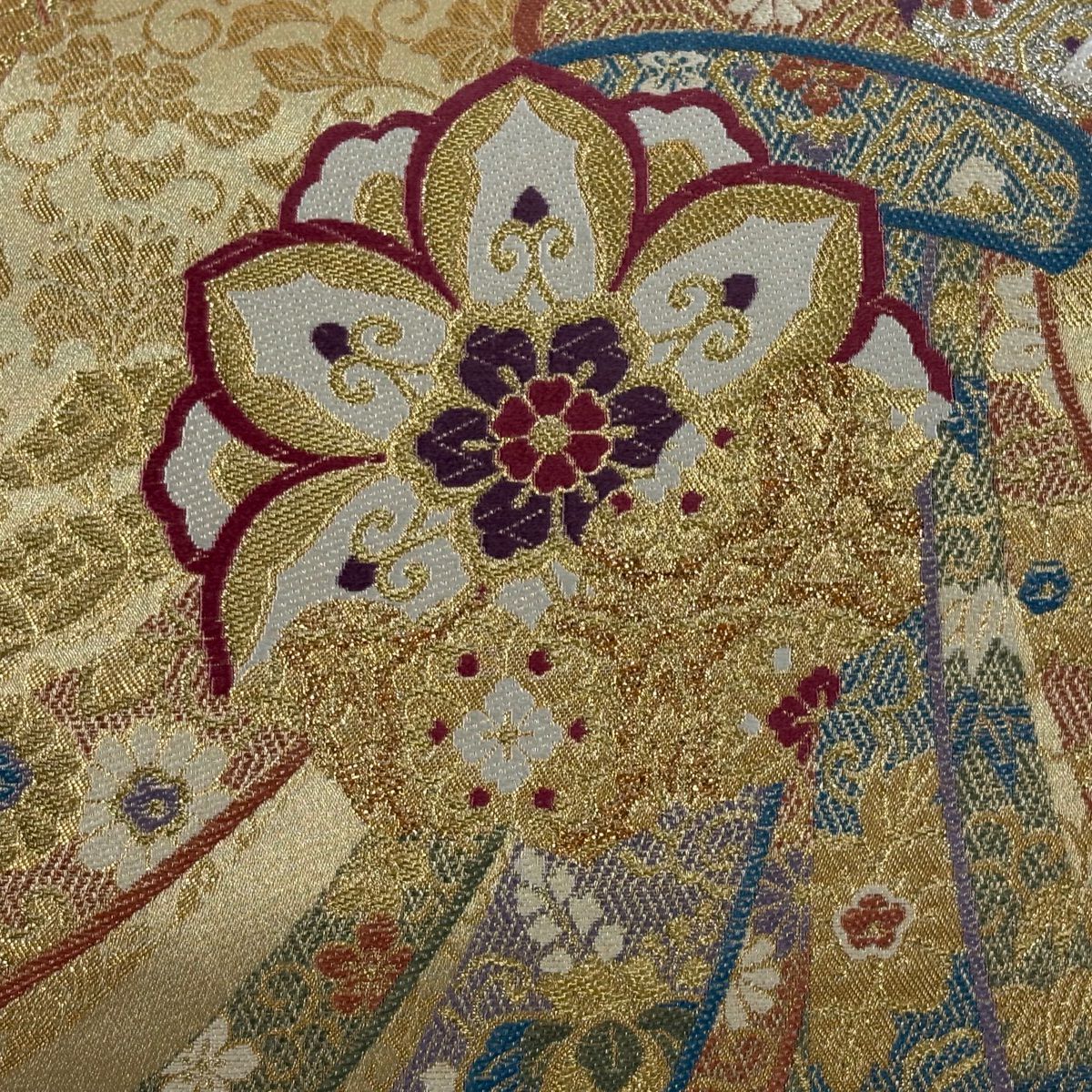袋帶 秀品級 束熨斗紋 花鳥 金絲 金金箔 金色 六通 純蠶絲