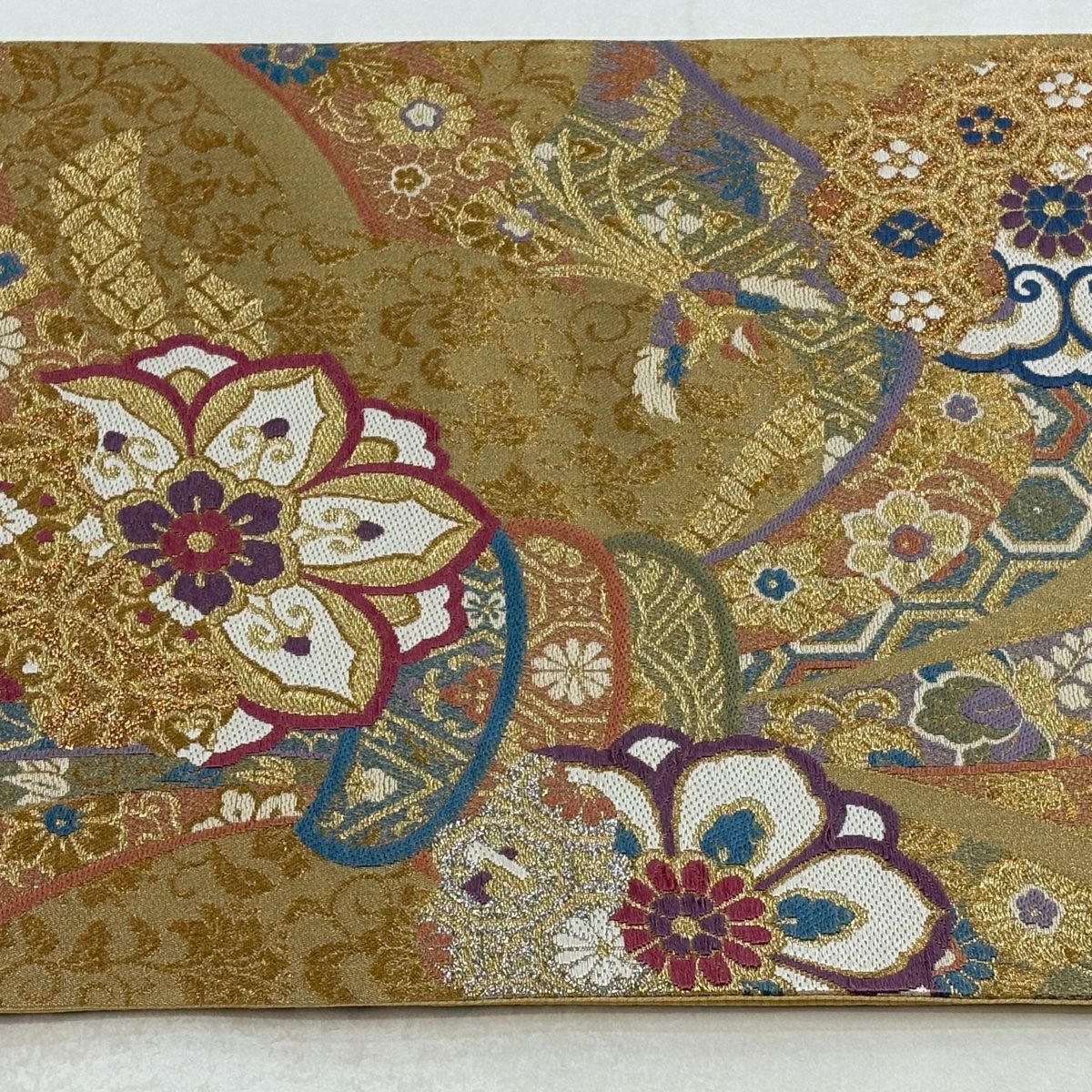 袋帶 秀品級 束熨斗紋 花鳥 金絲 金金箔 金色 六通 純蠶絲