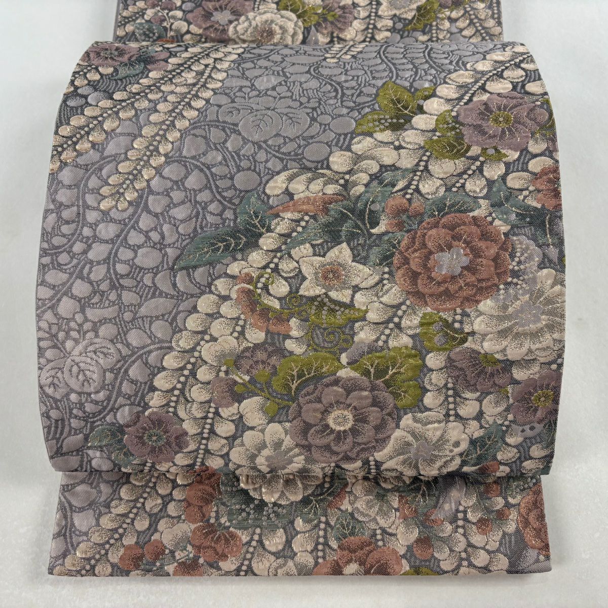 【美品】 袋帶 秀品級 草花紋 灰紫 六通 純蠶絲