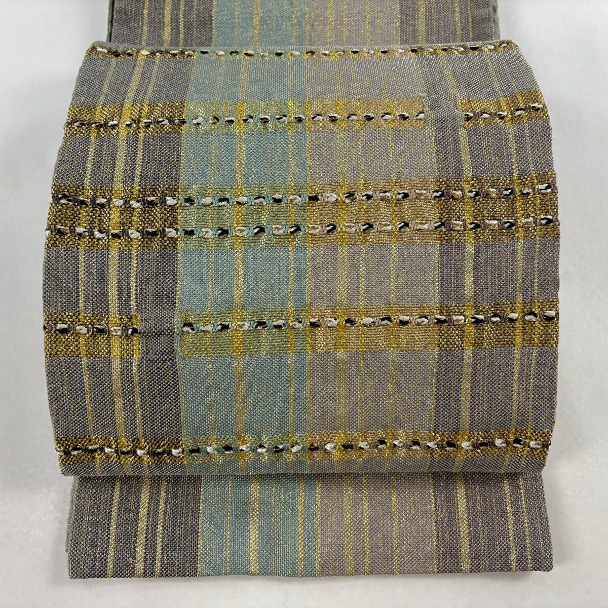 【美品】 袋帶 秀品級 縞 幾何學 金絲 灰綠 お太鼓圖案 純蠶絲