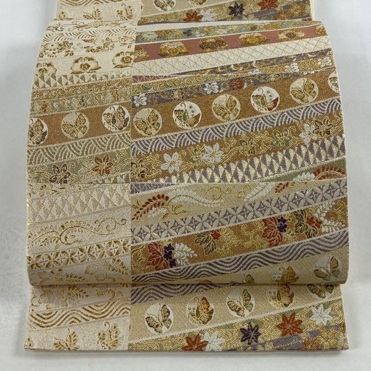 【美品】 袋帶 秀品級 櫻花 鳥 金絲 金金箔 金色 六通 純蠶絲