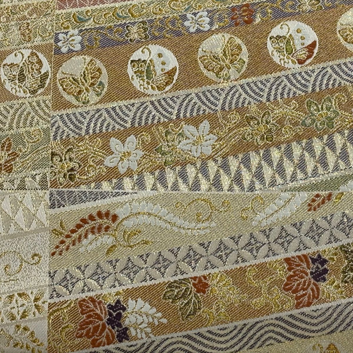 【美品】 袋帶 秀品級 櫻花 鳥 金絲 金金箔 金色 六通 純蠶絲