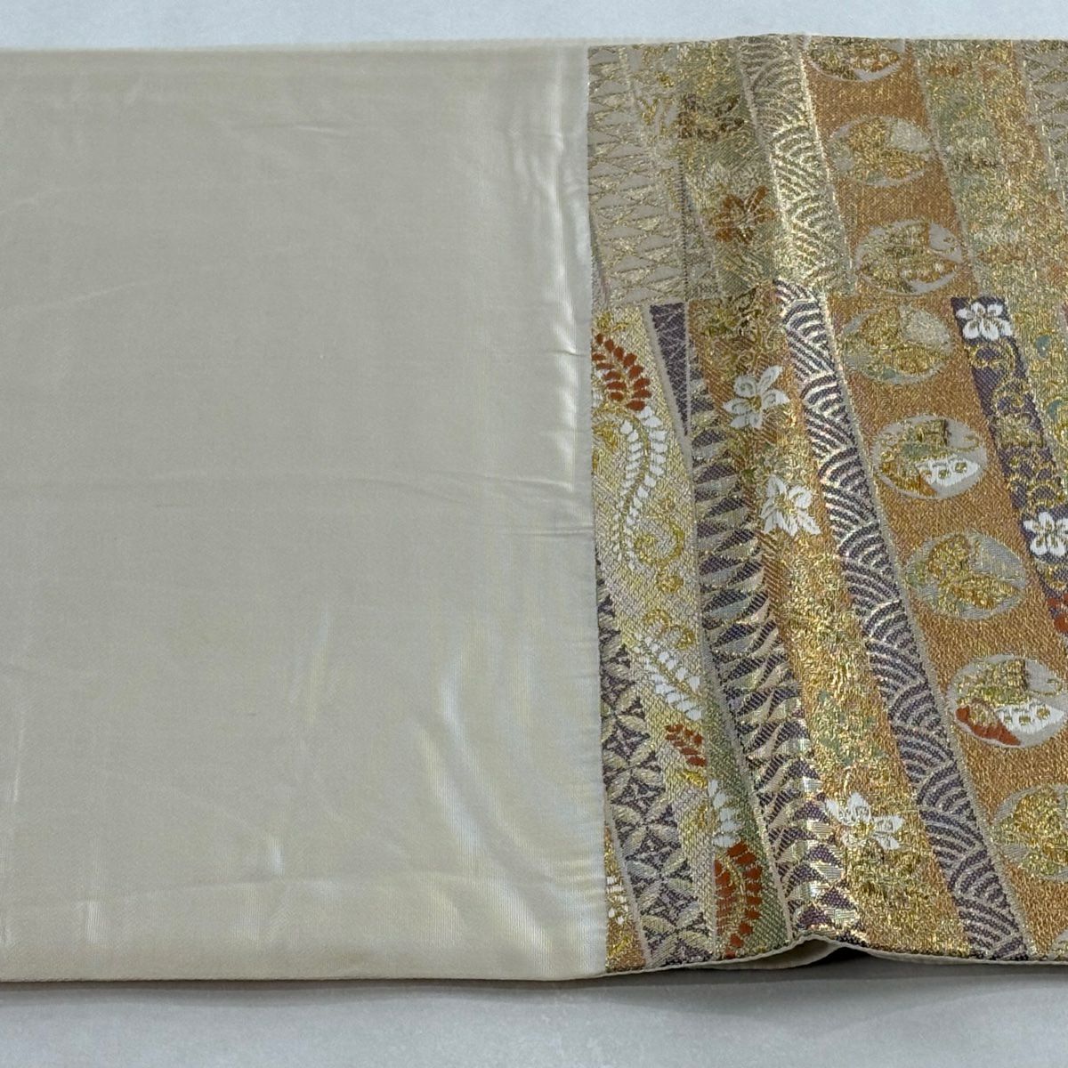 【美品】 袋帶 秀品級 櫻花 鳥 金絲 金金箔 金色 六通 純蠶絲