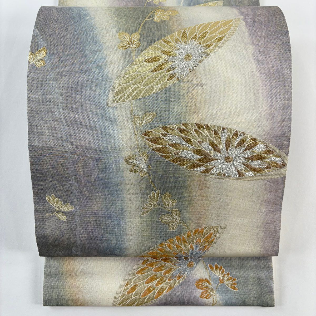 【美品】 袋帶 秀品級 菊花 幾何圖案 金絲 金金箔 米色 六通 純蠶絲