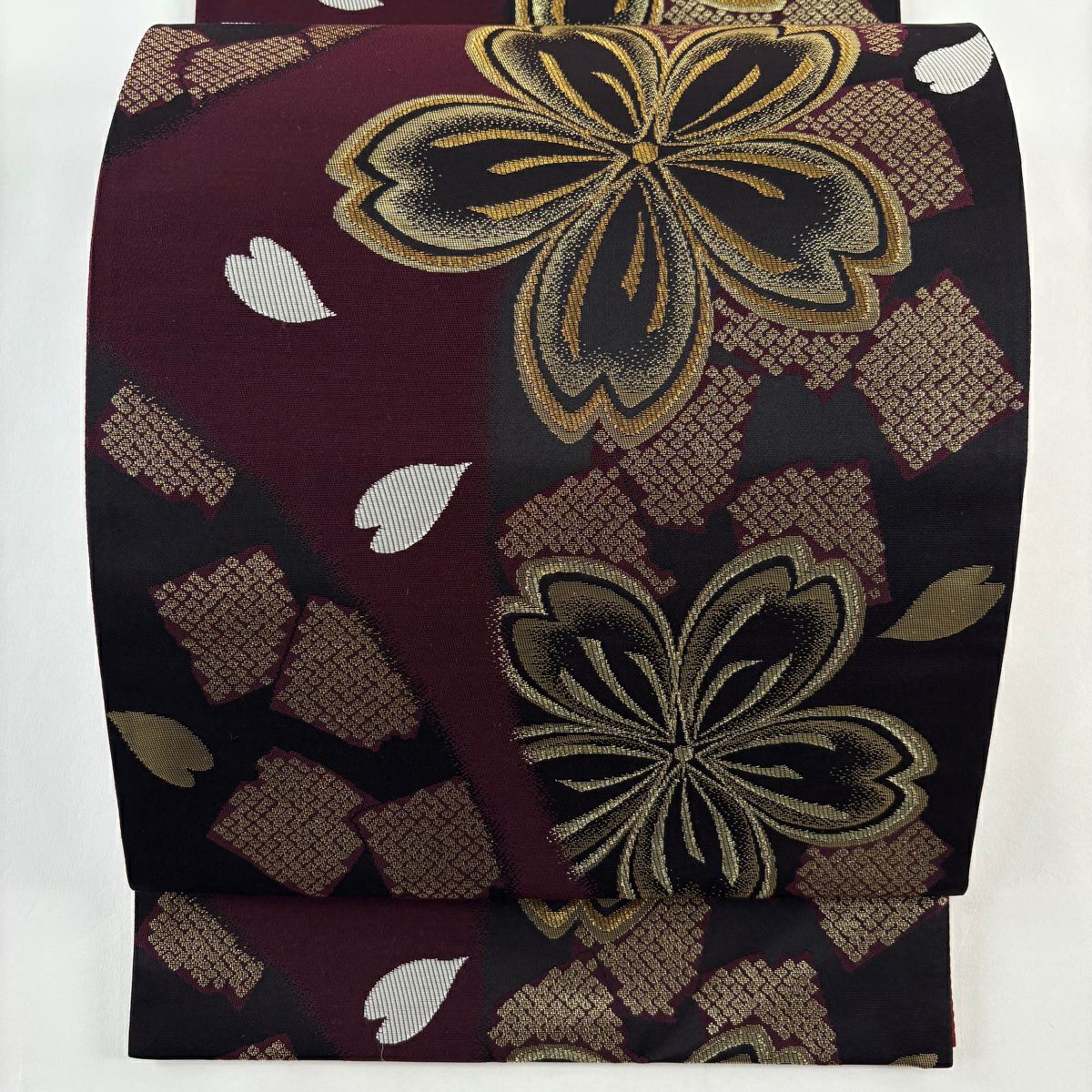 【美品】 袋帶 秀品級 鈴乃屋 振袖禮服禮服用 櫻花花瓣 金絲 金金箔 紅紫 六通 純蠶絲