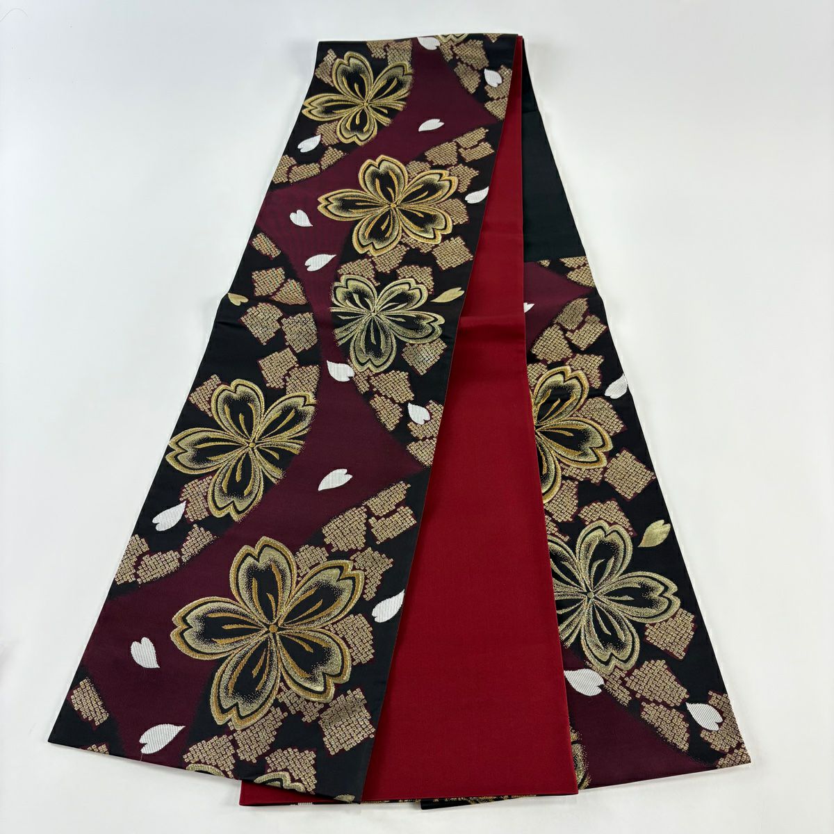 【美品】 袋帶 秀品級 鈴乃屋 振袖禮服禮服用 櫻花花瓣 金絲 金金箔 紅紫 六通 純蠶絲