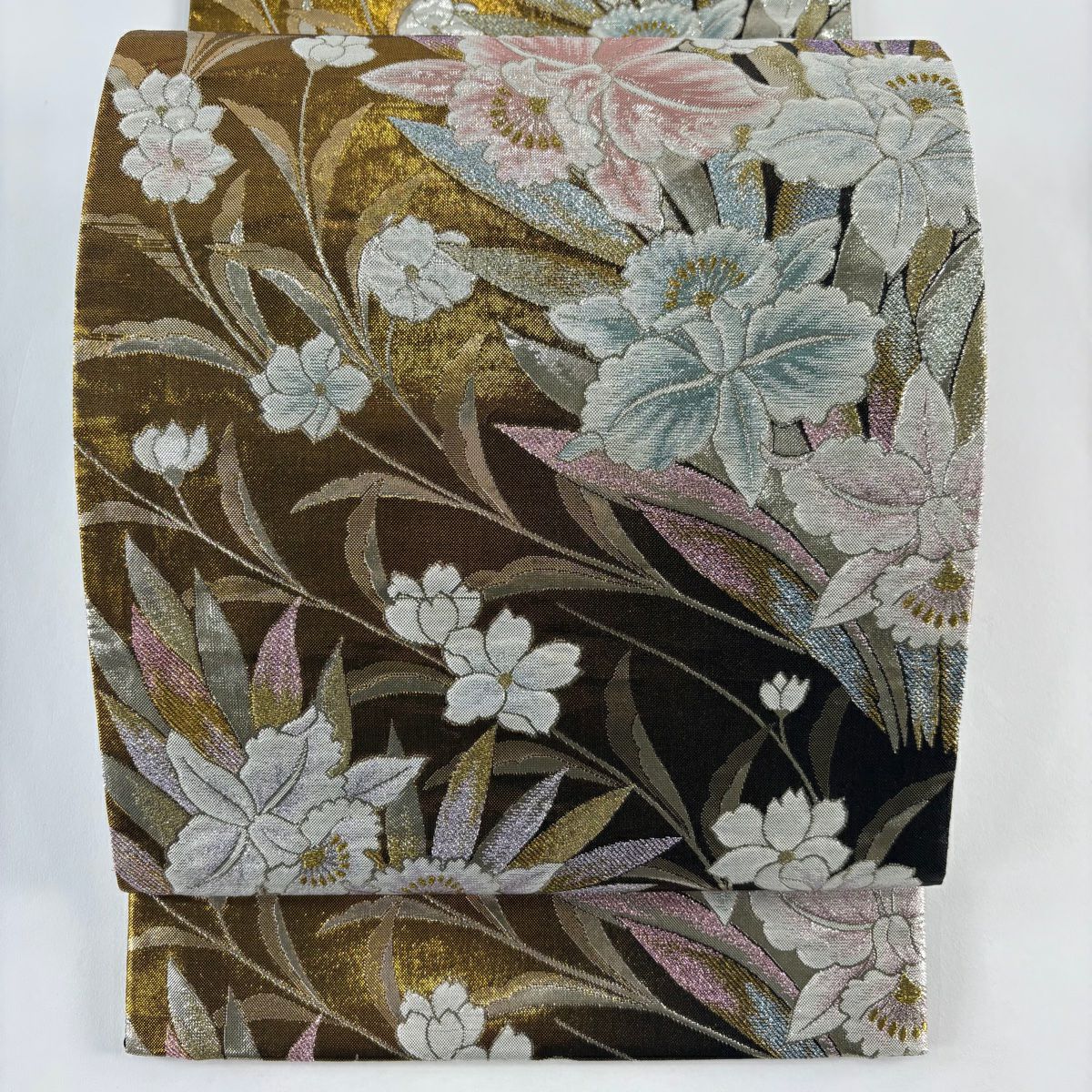 【美品】 袋帶 秀品級 草花紋紋 金金箔 金絲 金色 六通 純蠶絲