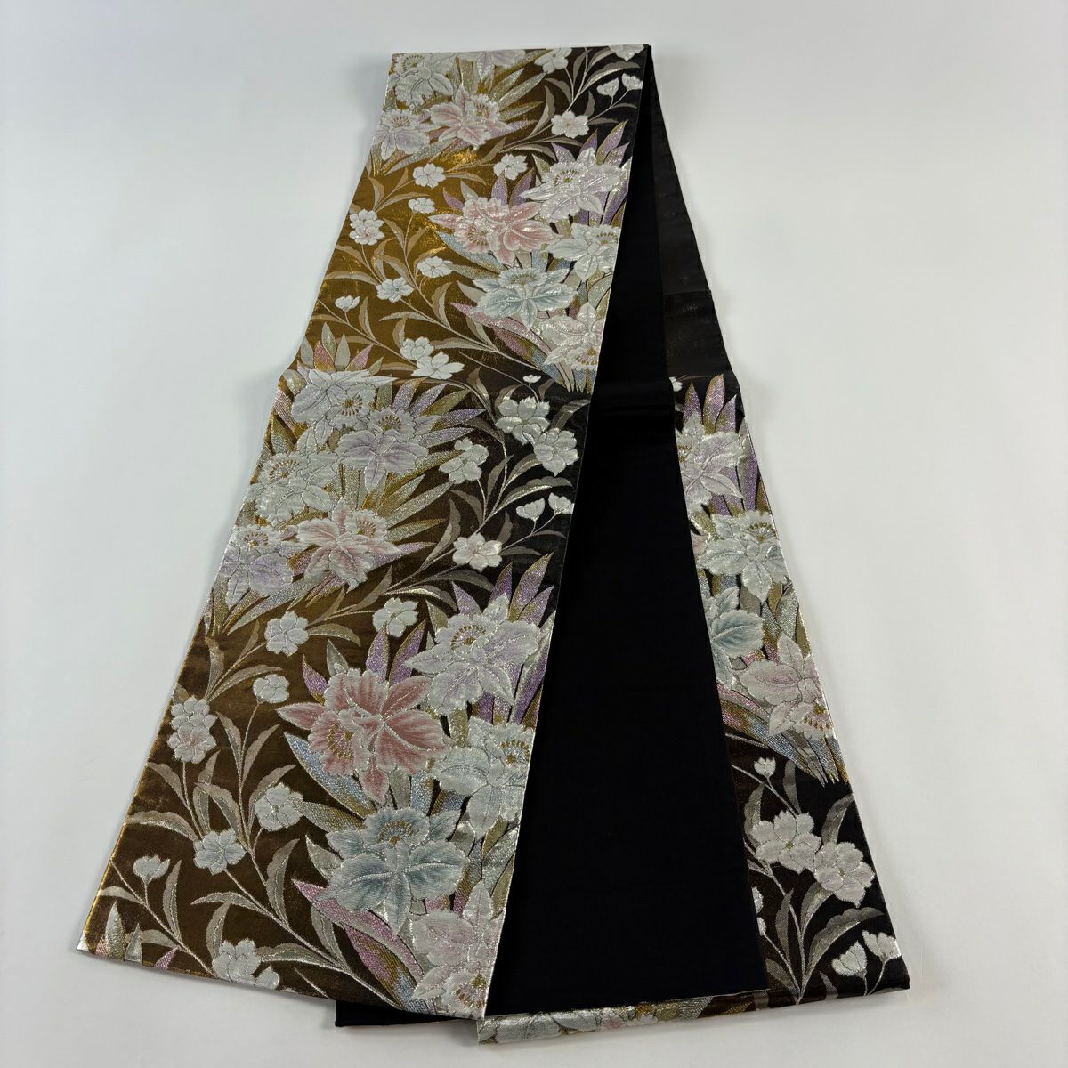 【美品】 袋帶 秀品級 草花紋紋 金金箔 金絲 金色 六通 純蠶絲