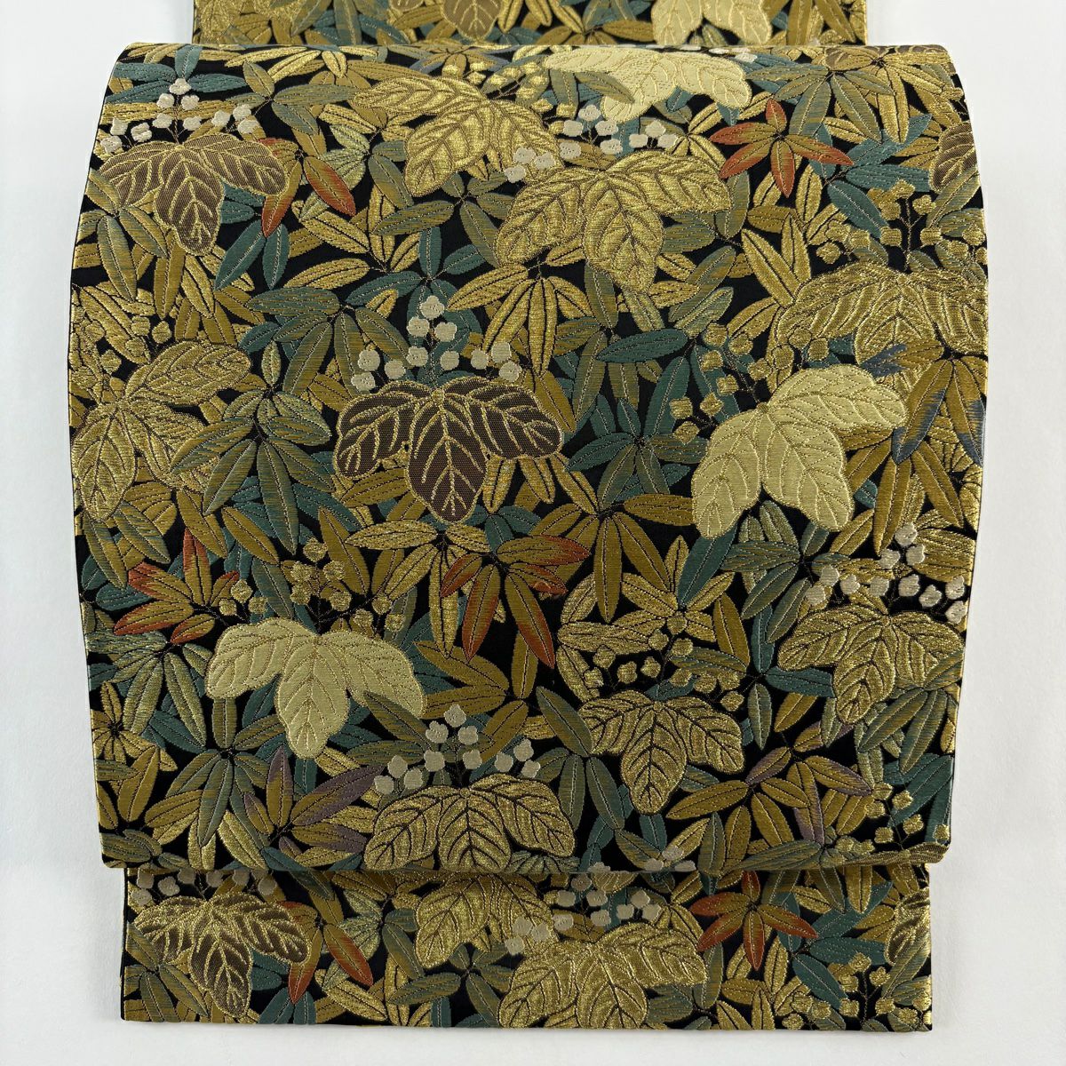 【美品】 袋帶 秀品級 葉紋 桐 金絲 金金箔 黑 六通 純蠶絲