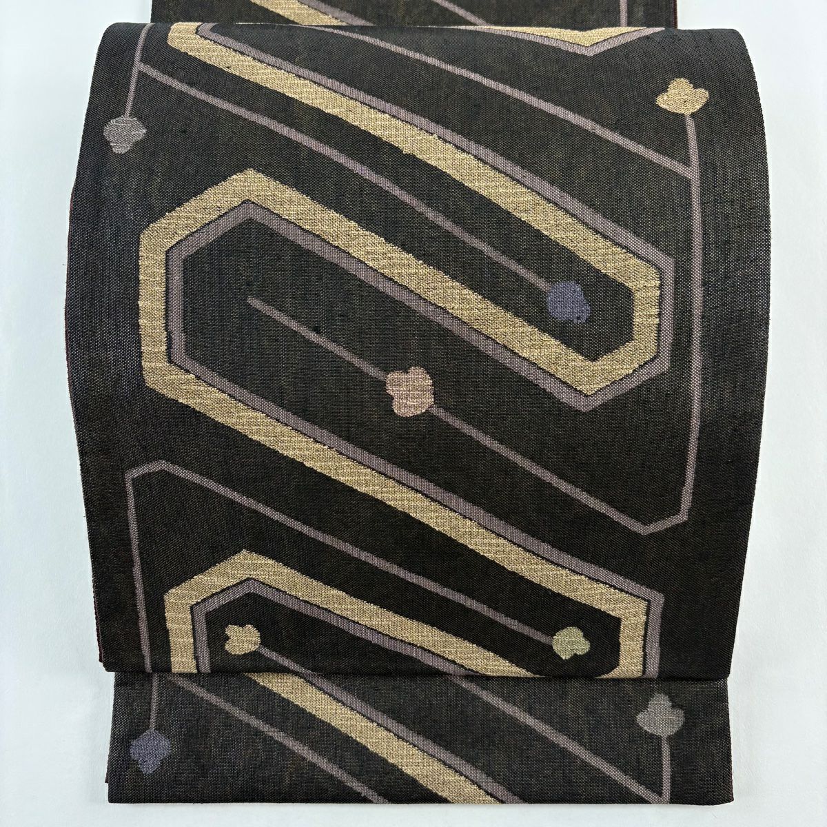 【美品】 袋帶 秀品級 幾何圖案 金金箔 墨色 六通 純蠶絲