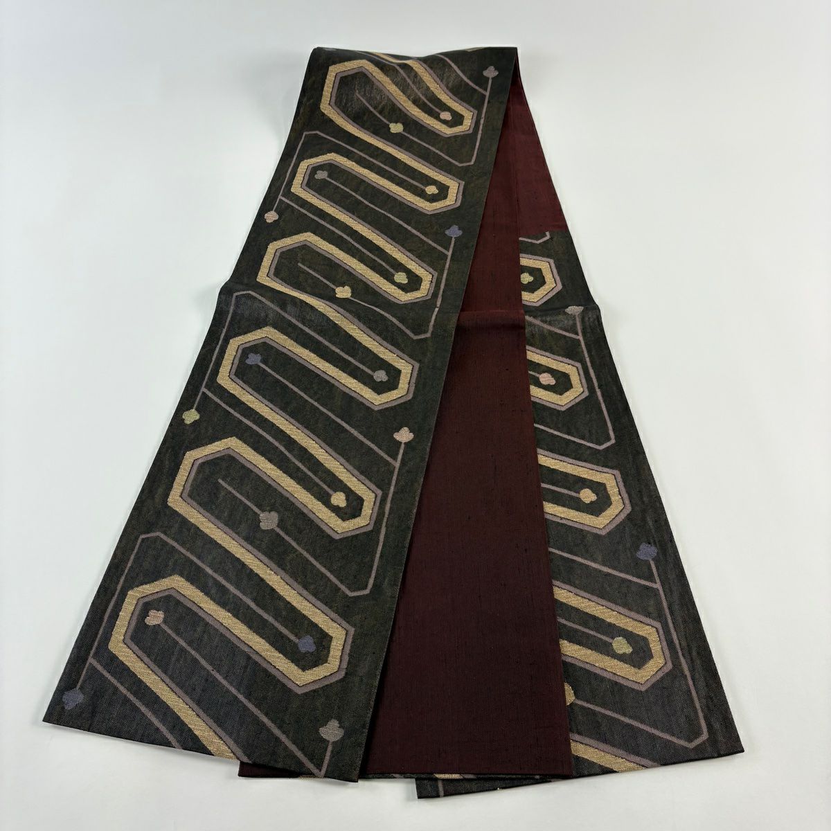 【美品】 袋帶 秀品級 幾何圖案 金金箔 墨色 六通 純蠶絲