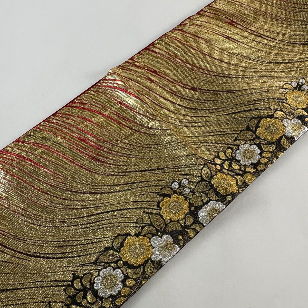 袋帶 秀品級 振袖禮服禮服用 辻花染圖案 流水 金絲 金金箔 金色 全通 純蠶絲
