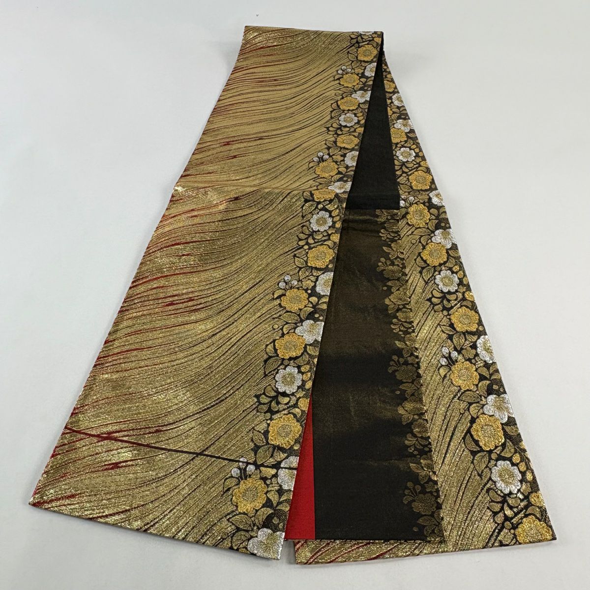 袋帶 秀品級 振袖禮服禮服用 辻花染圖案 流水 金絲 金金箔 金色 全通 純蠶絲