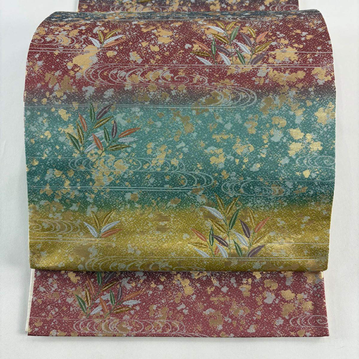【美品】 袋帶 秀品級 段紋 葉紋 金絲 金金箔 紅紫 全通 純蠶絲