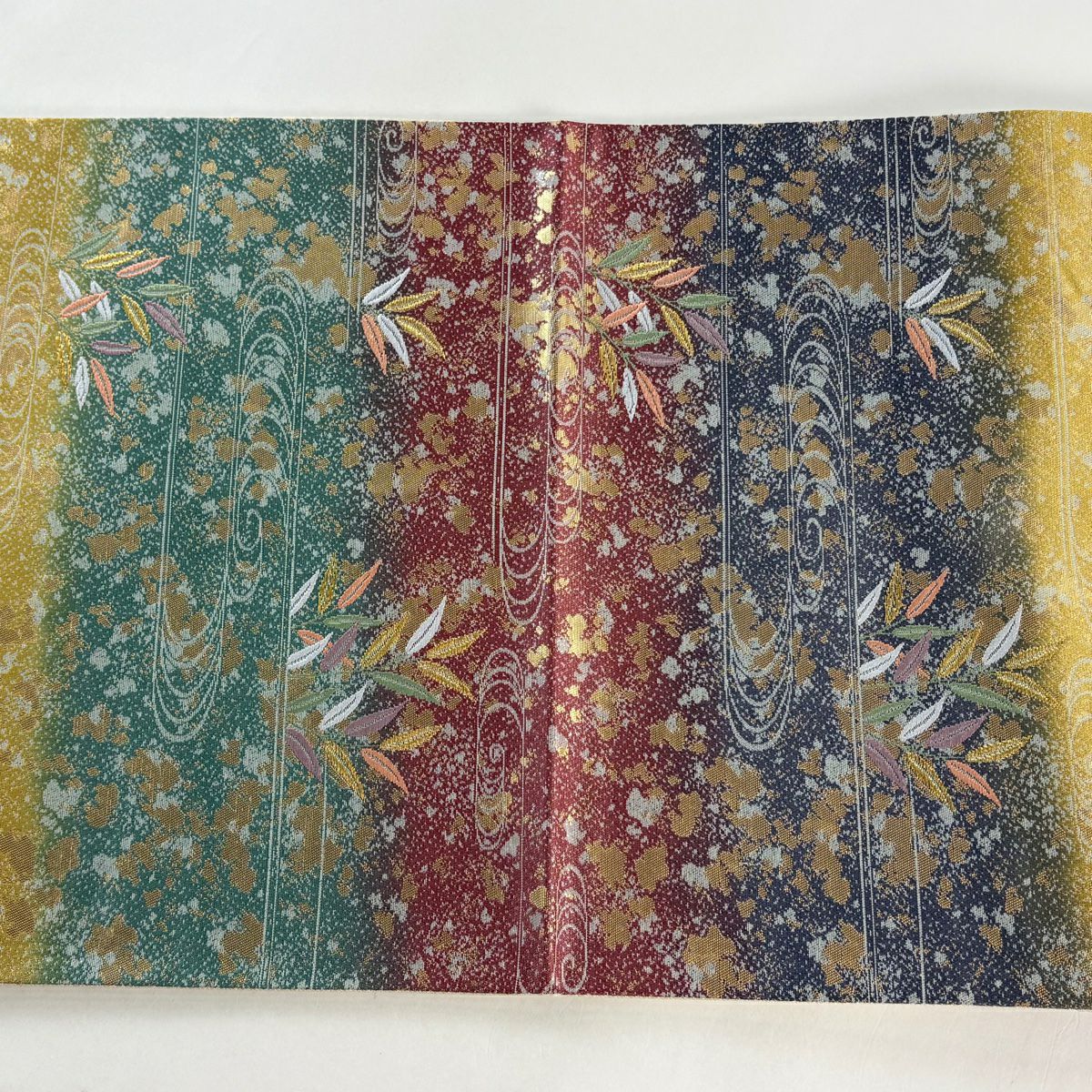 【美品】 袋帶 秀品級 段紋 葉紋 金絲 金金箔 紅紫 全通 純蠶絲