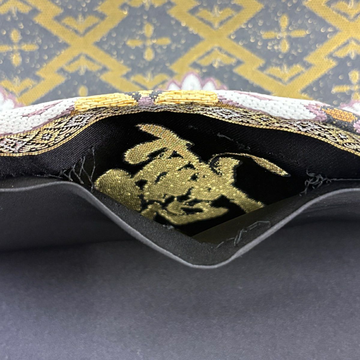 【美品】 袋帶 秀品級 松樹皮菱 花 金金箔 茶綠 六通 純蠶絲