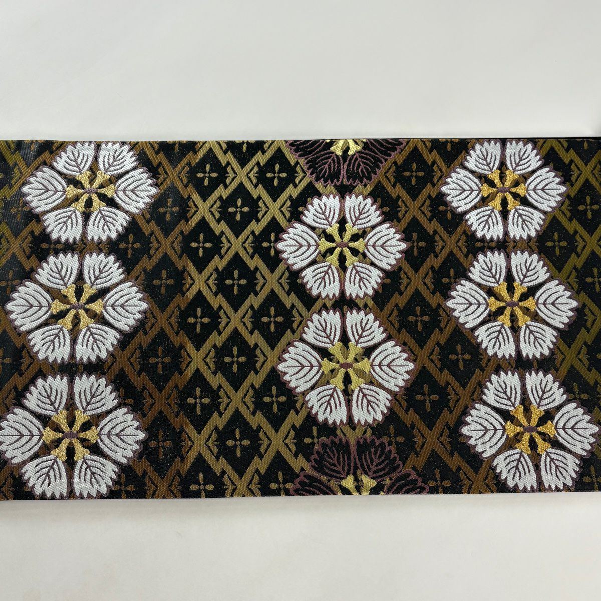 【美品】 袋帶 秀品級 松樹皮菱 花 金金箔 茶綠 六通 純蠶絲