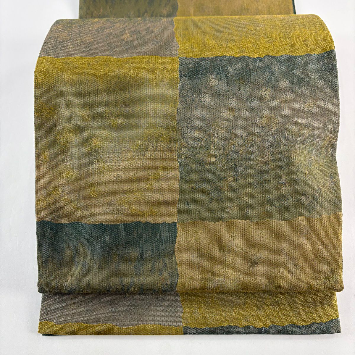【美品】 袋帶 秀品級 落款あり 紹巴萬葉 變化市松樹 茶綠 全通 純蠶絲