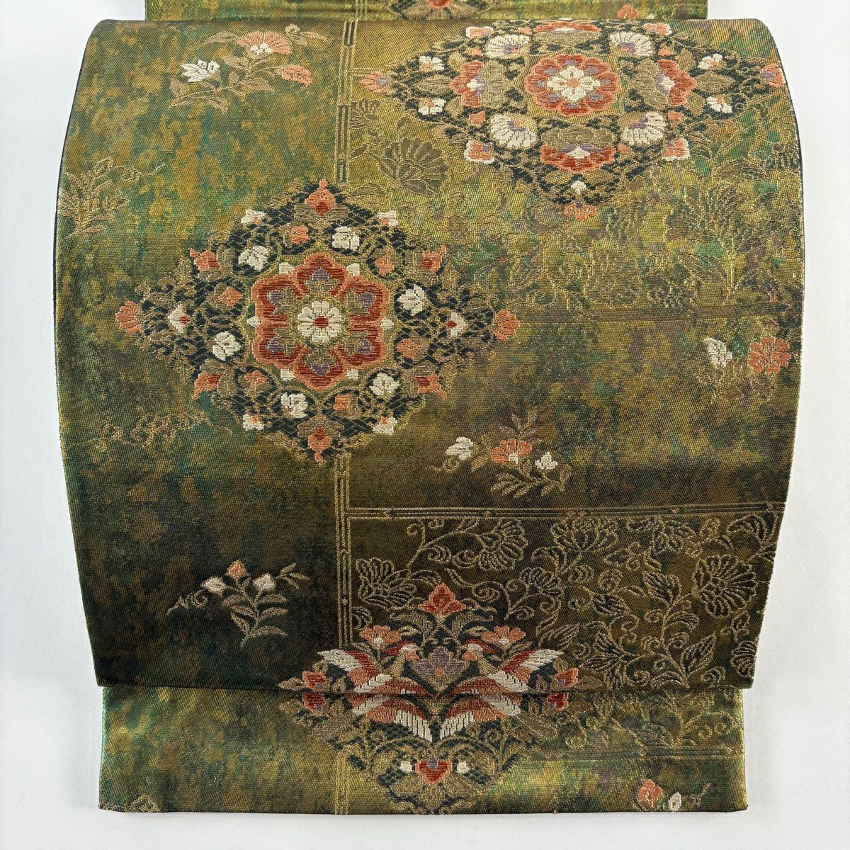 【美品】 袋帶 秀品級 華紋 向鳥 金金箔 金絲 綠 六通 純蠶絲