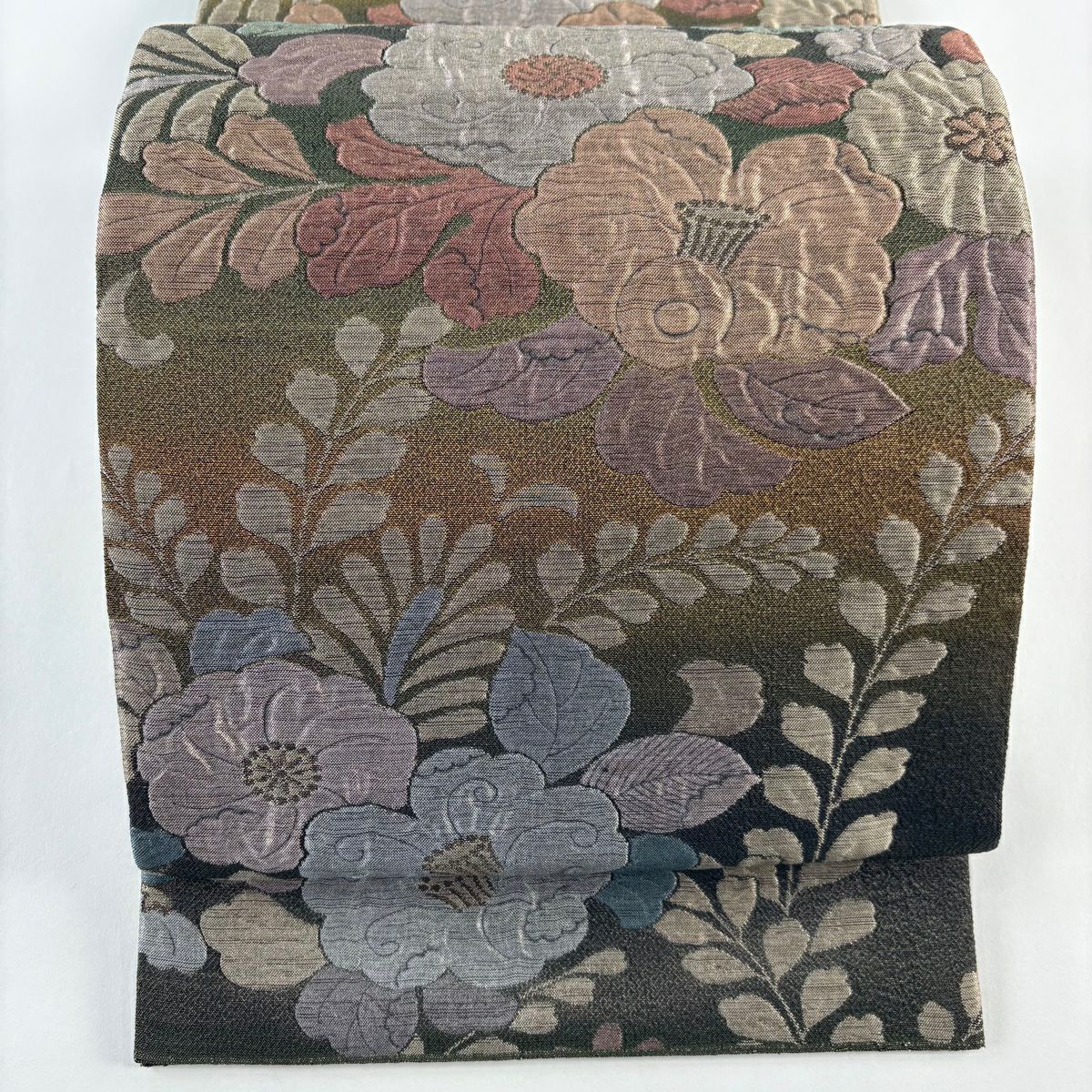 【美品】 袋帶 秀品級 關西仕立 草花紋紋 金金箔 金絲 紫 六通 純蠶絲