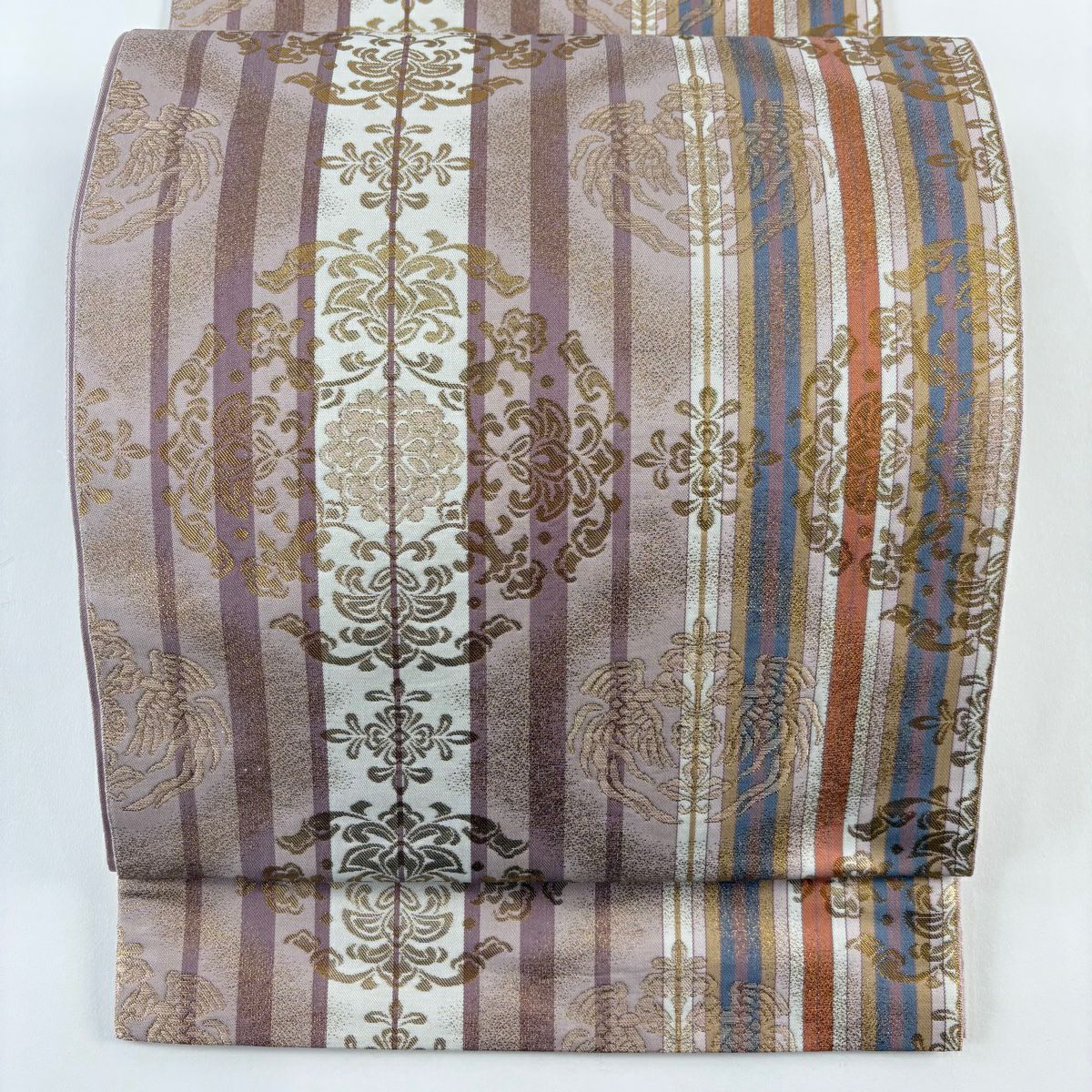 【美品】 袋帶 秀品級 華紋 縱條 金絲 金金箔 淺紫 六通 純蠶絲