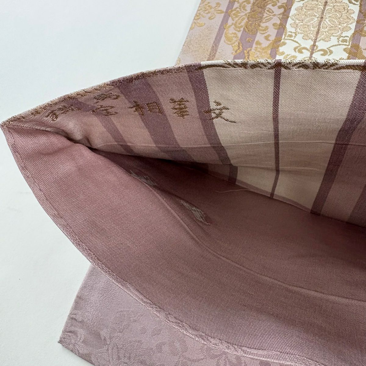 【美品】 袋帶 秀品級 華紋 縱條 金絲 金金箔 淺紫 六通 純蠶絲