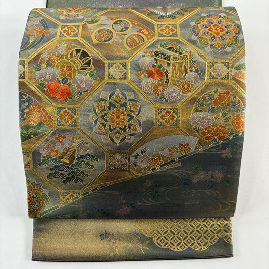 袋帶 秀品級 關西仕立 紹江紋 華紋 刺繡 金銀彩 青灰 純蠶絲