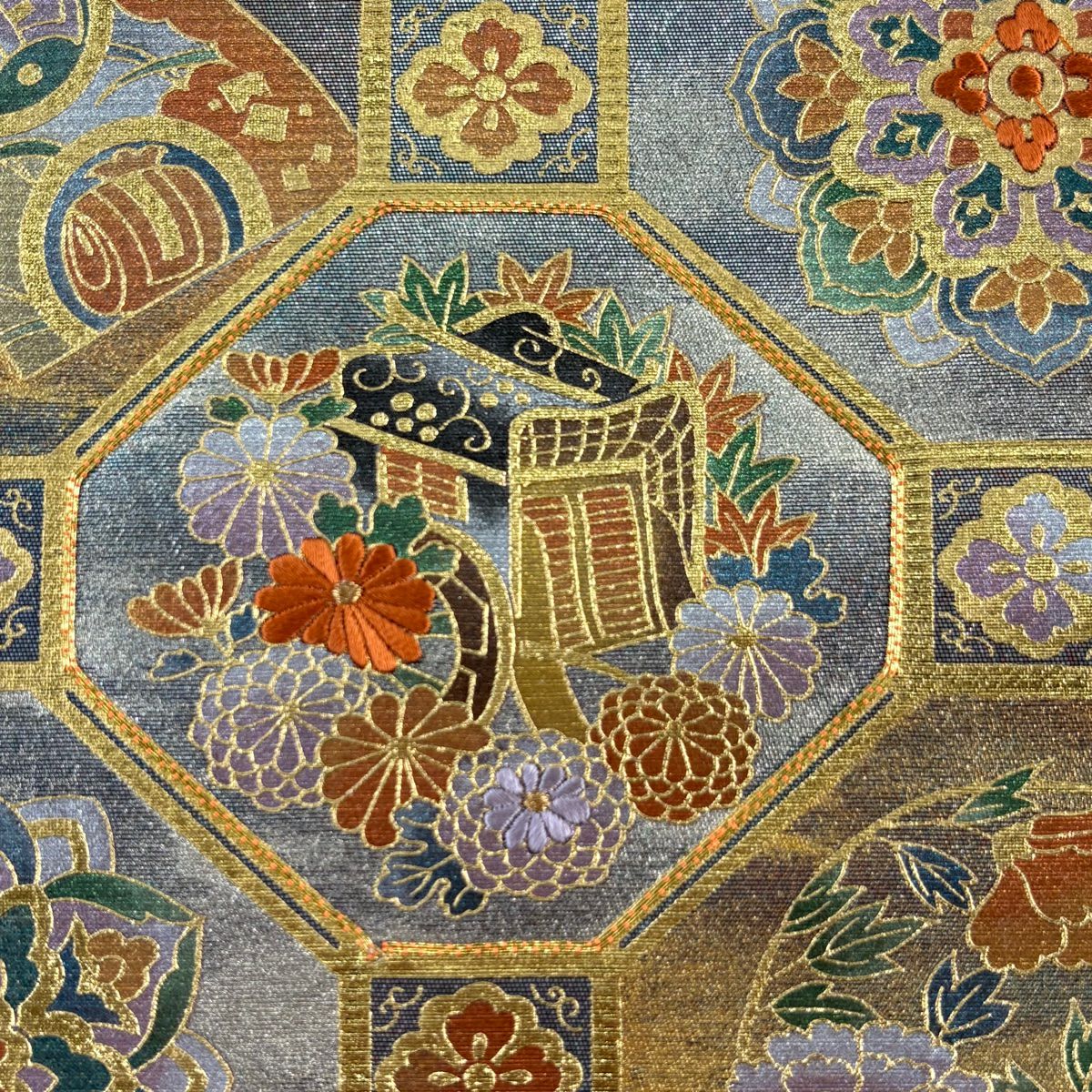 袋帶 秀品級 關西仕立 紹江紋 華紋 刺繡 金銀彩 青灰 純蠶絲