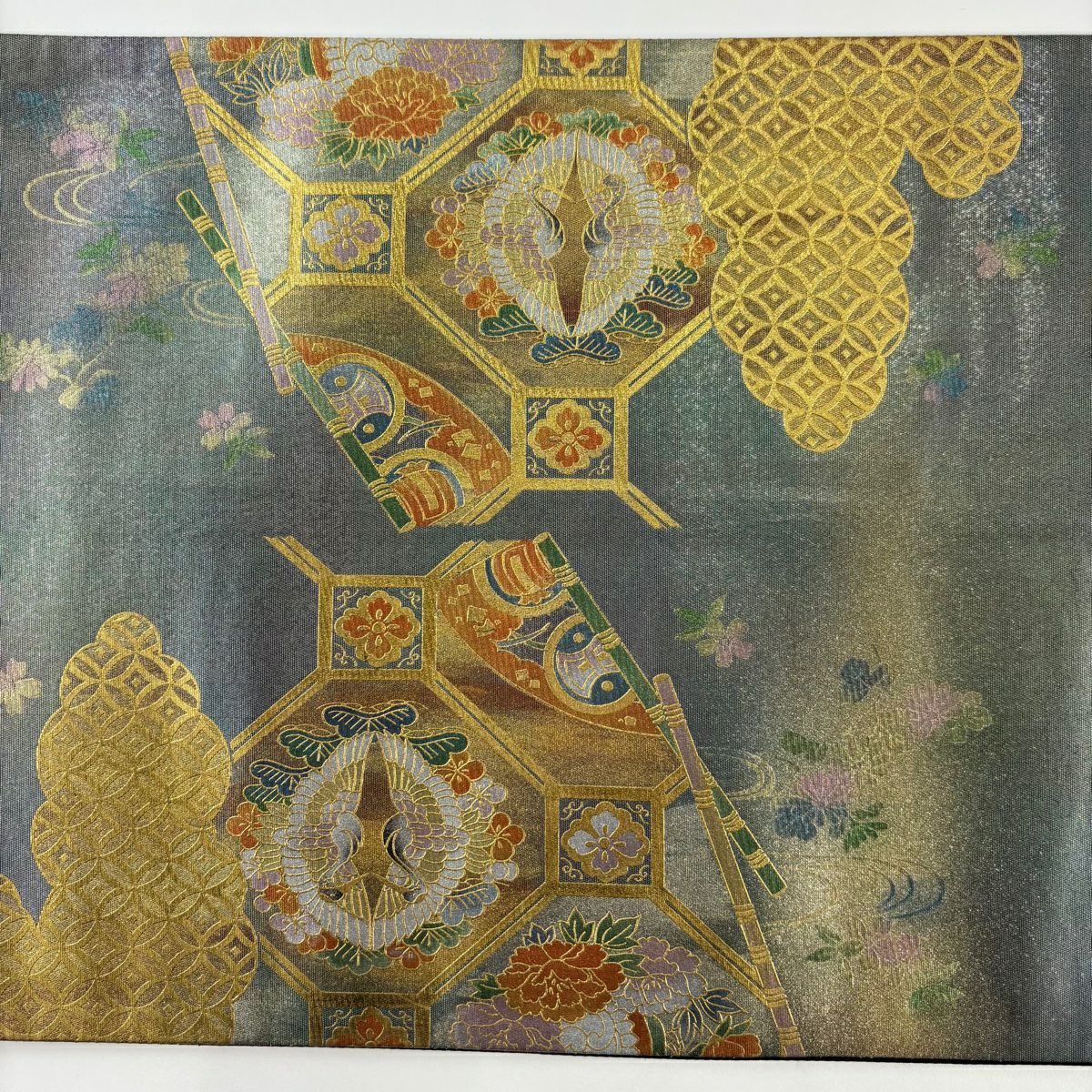袋帶 秀品級 關西仕立 紹江紋 華紋 刺繡 金銀彩 青灰 純蠶絲
