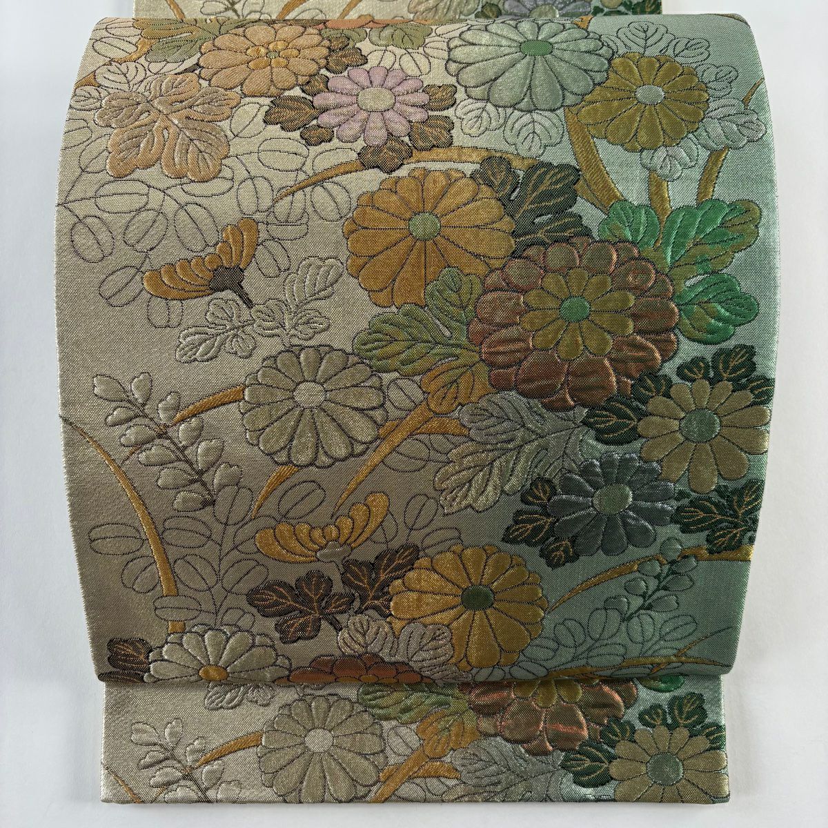 【美品】 袋帶 秀品級 菊花 萩 金金箔 金絲 淺綠 六通 純蠶絲