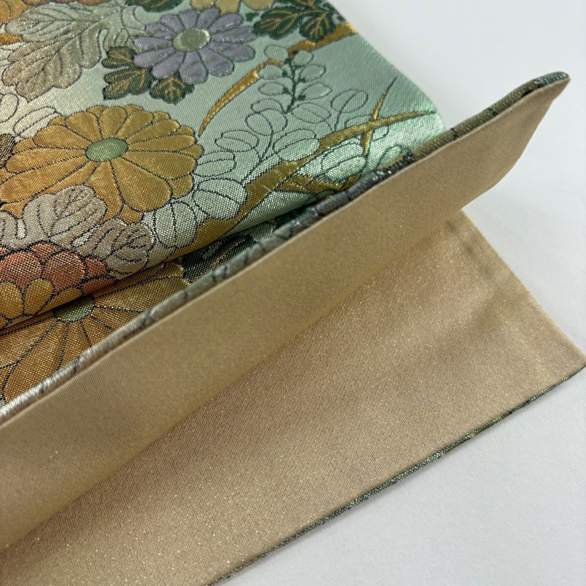 【美品】 袋帶 秀品級 菊花 萩 金金箔 金絲 淺綠 六通 純蠶絲