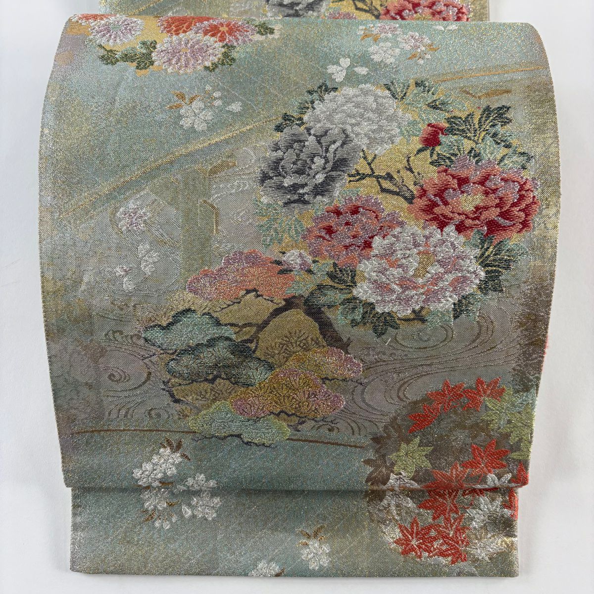 【美品】 袋帶 秀品級 吉祥翔來花丸紋 金銀彩 金金箔 水藍色 六通 純蠶絲