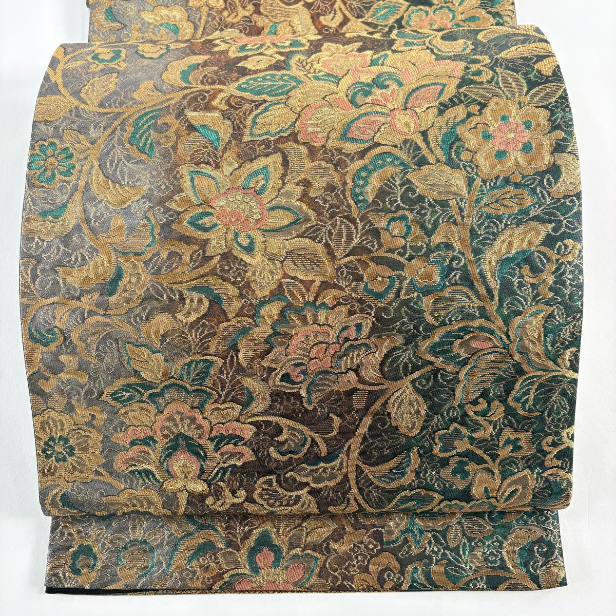 【美品】 袋帶 秀品級 花唐草紋 金金箔 金絲 茶 六通 純蠶絲