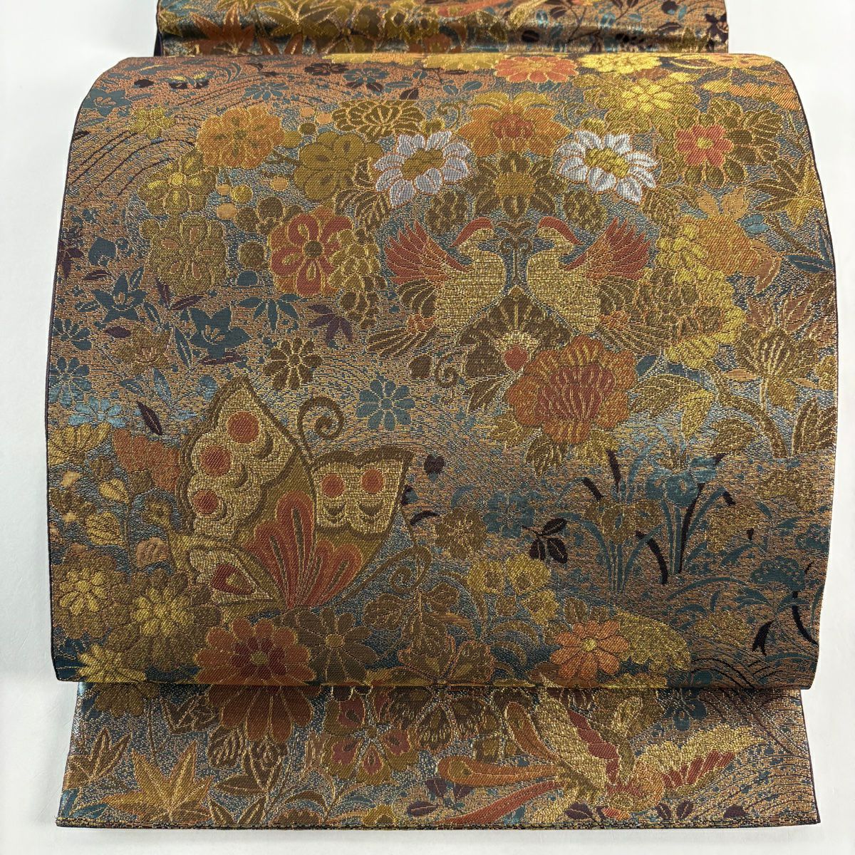 【美品】 袋帶 秀品級 花鳥 蝶 金金箔 金茶 六通 純蠶絲