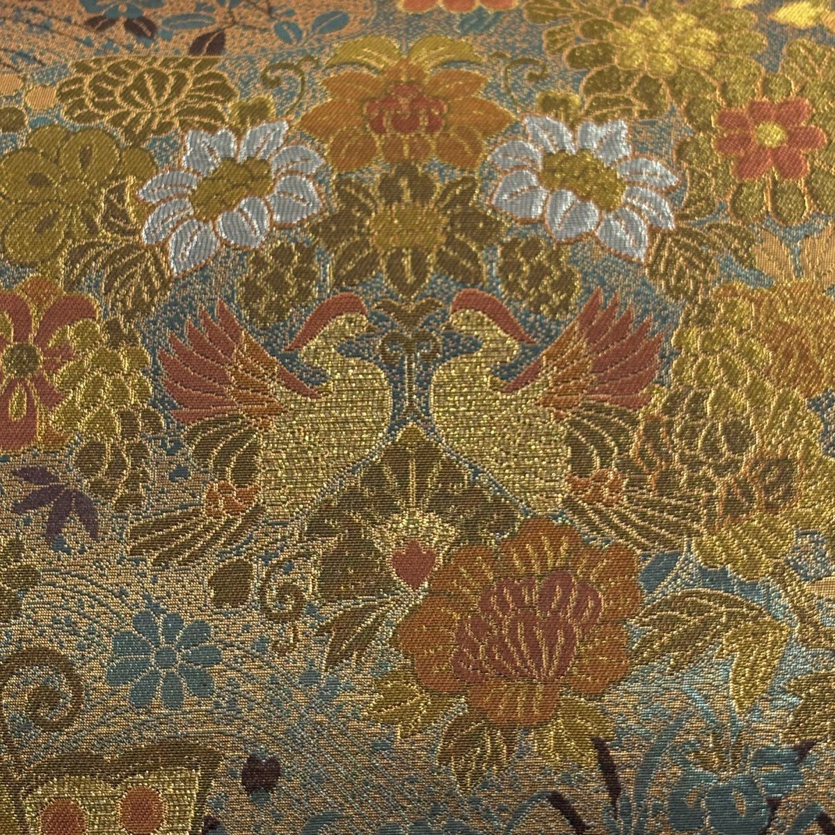 【美品】 袋帶 秀品級 花鳥 蝶 金金箔 金茶 六通 純蠶絲