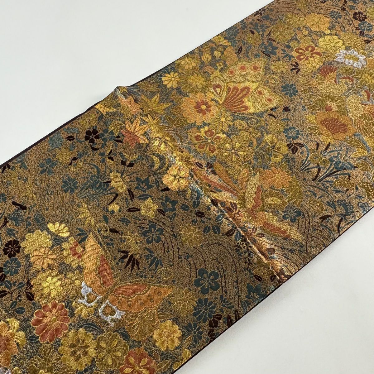 【美品】 袋帶 秀品級 花鳥 蝶 金金箔 金茶 六通 純蠶絲