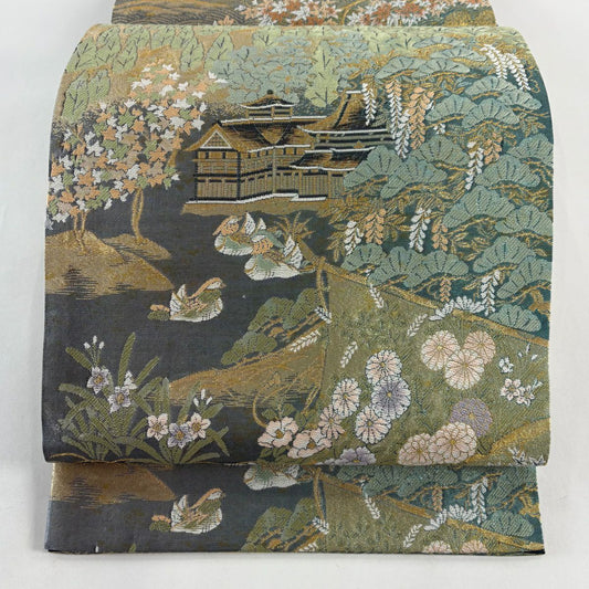 袋帶 秀品級 建築 鴛鴦 金金箔 唐織 青綠 六通 純蠶絲