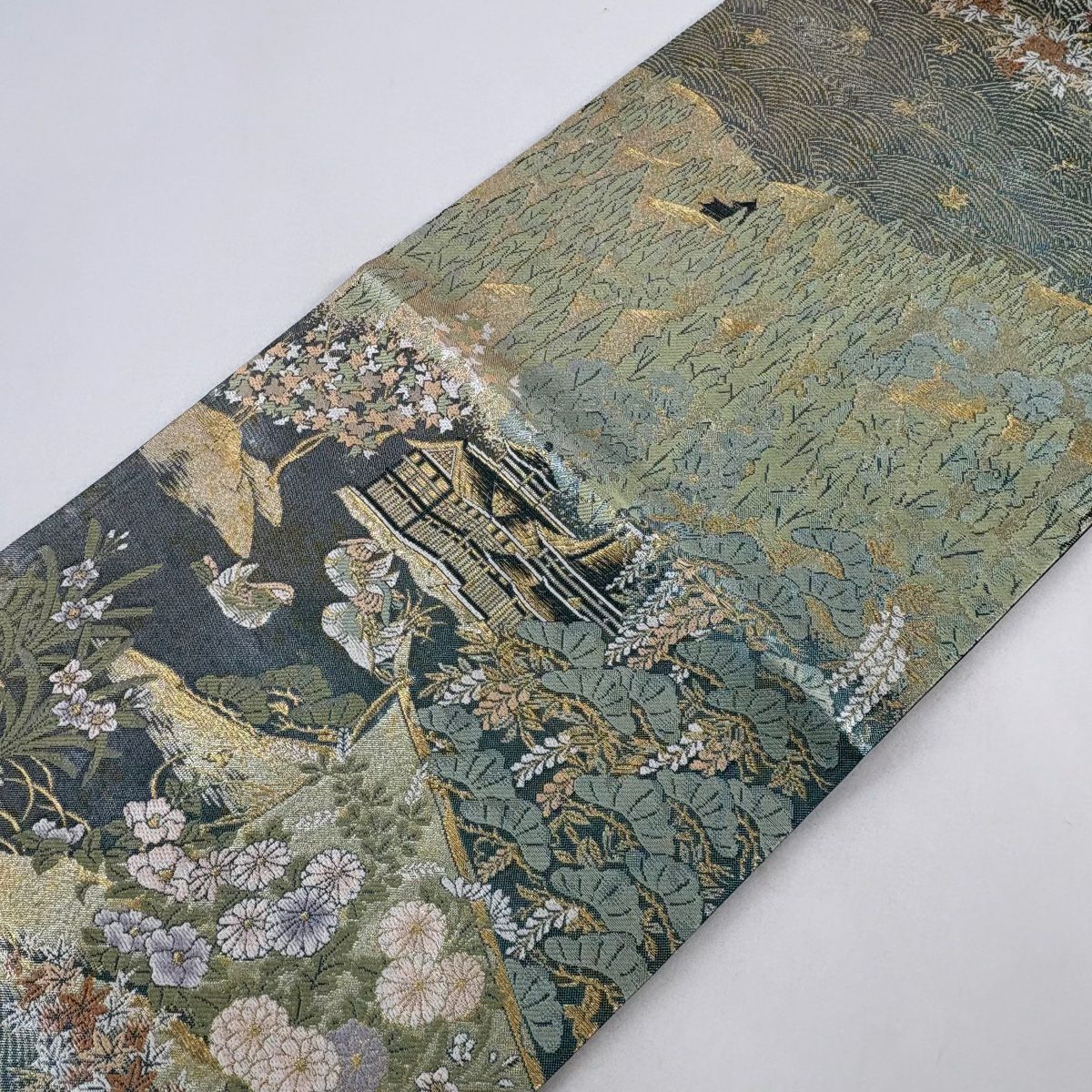 袋帶 秀品級 建築 鴛鴦 金金箔 唐織 青綠 六通 純蠶絲